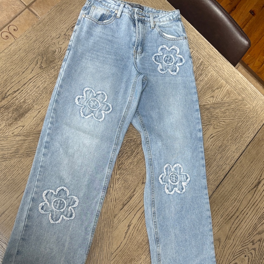 Embroidered Floral Light Blue Women's Straight Leg Jeans